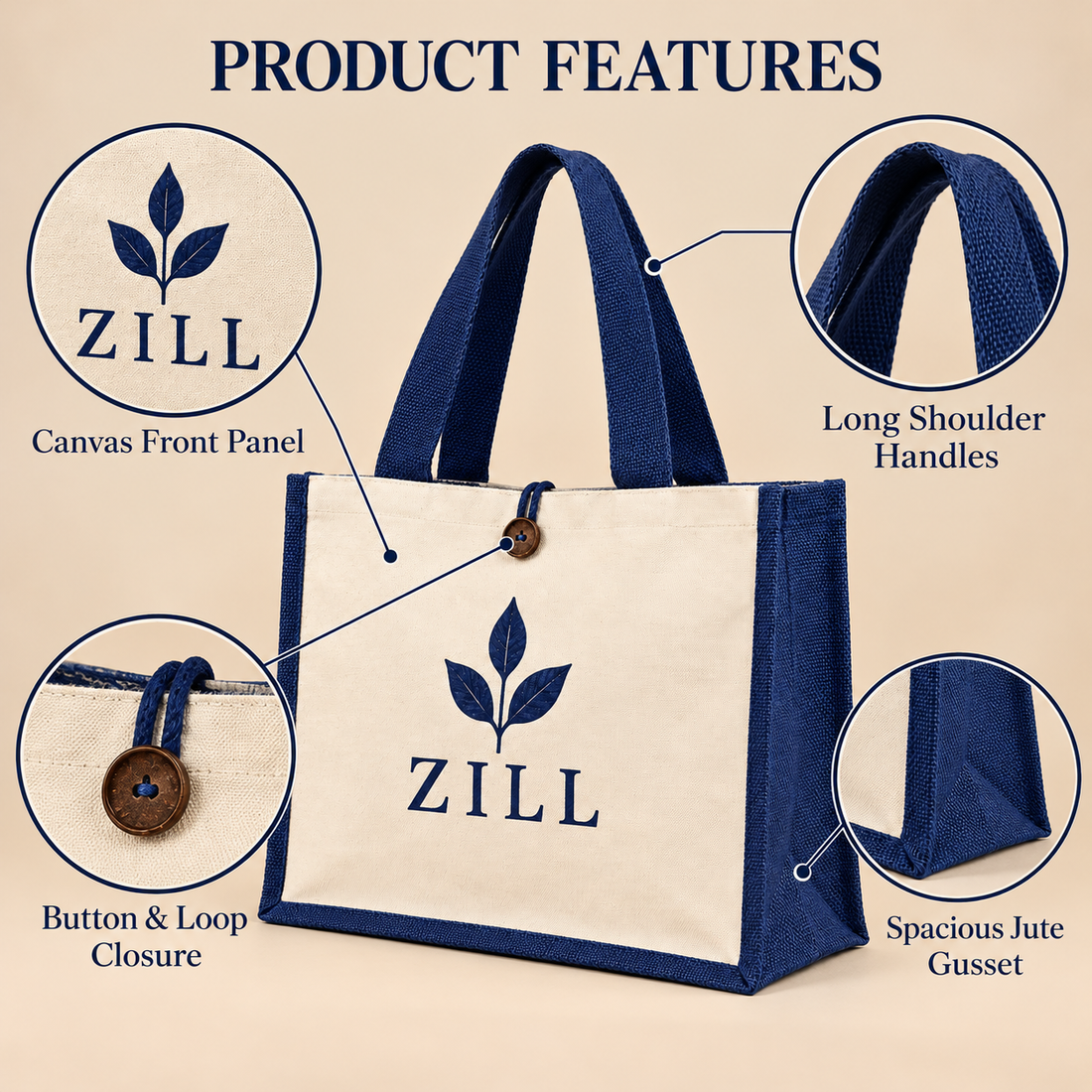 16x13x6 Navy Blue Laminated Jute & Canvas Hamper Bag with Button Closure