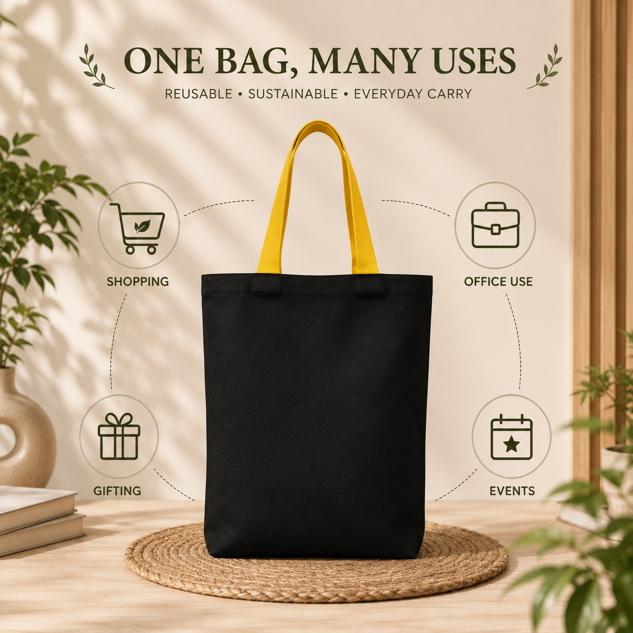13x15" Plain Black and Yellow Tote Bag
