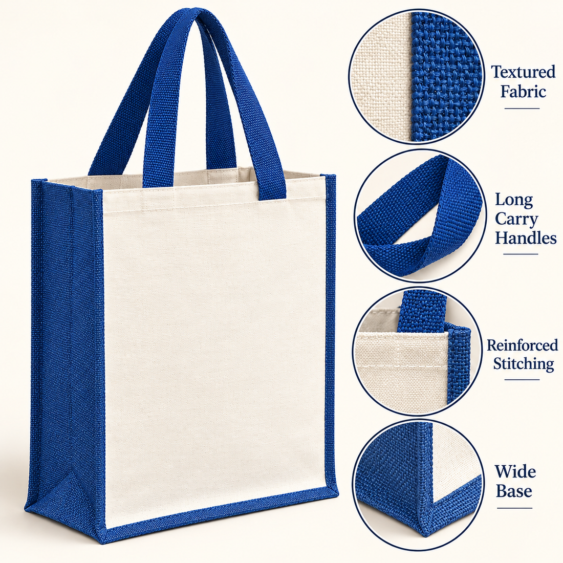 Plain 12x15.5x5.5 Blue Laminated Jute & Canvas Tote Bag