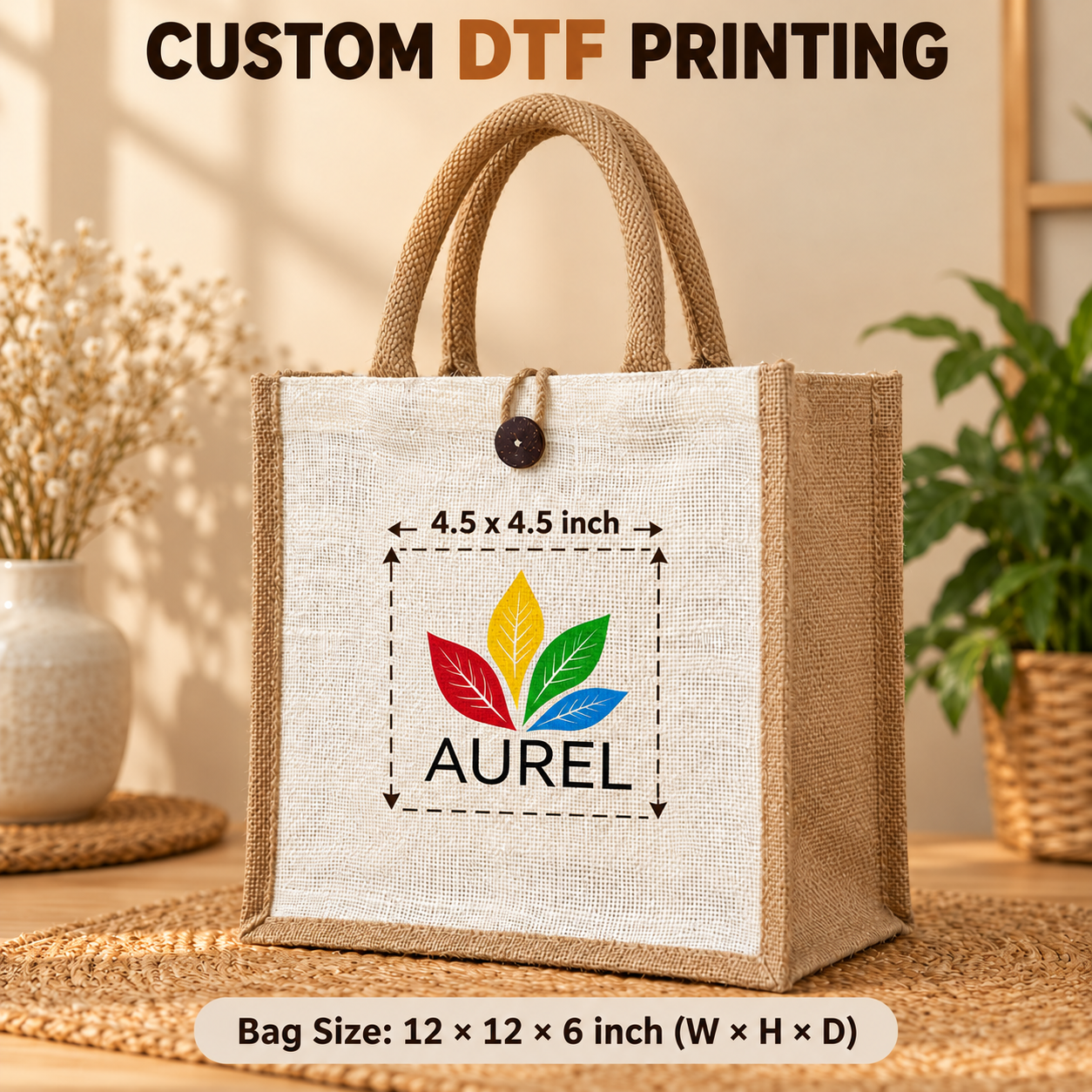 12x12x6 Natural Laminated Jute Gift Bag with Button Closure