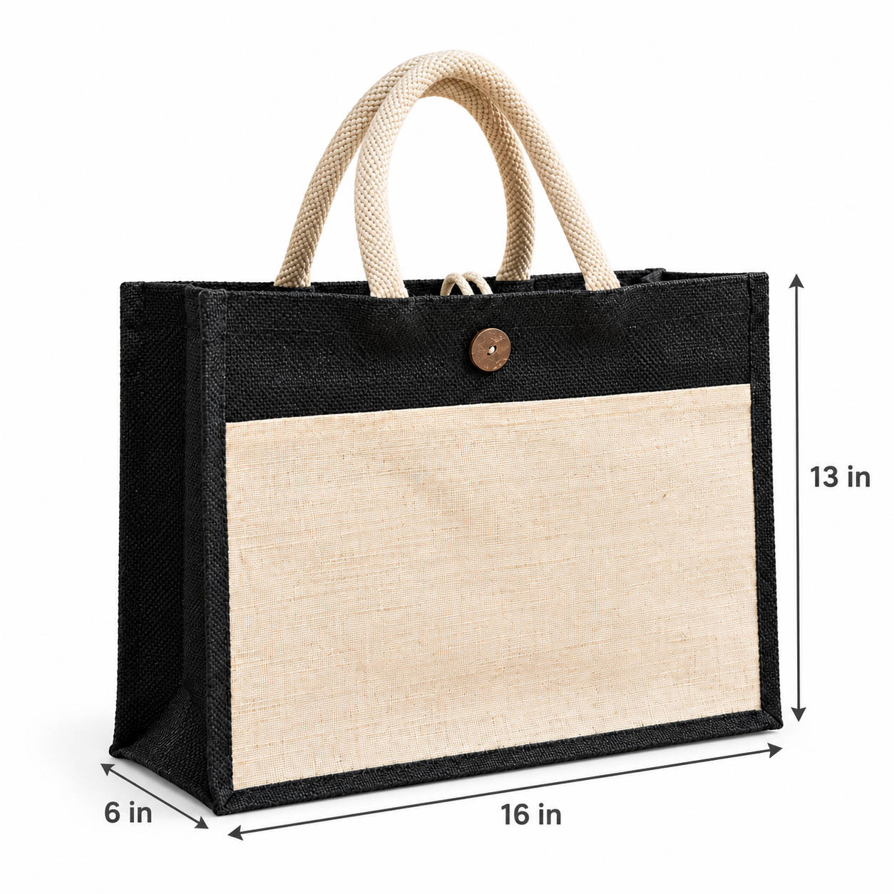 Plain 16x13x6 Black & Natural Jute Hamper Bag with Canvas Front Pocket