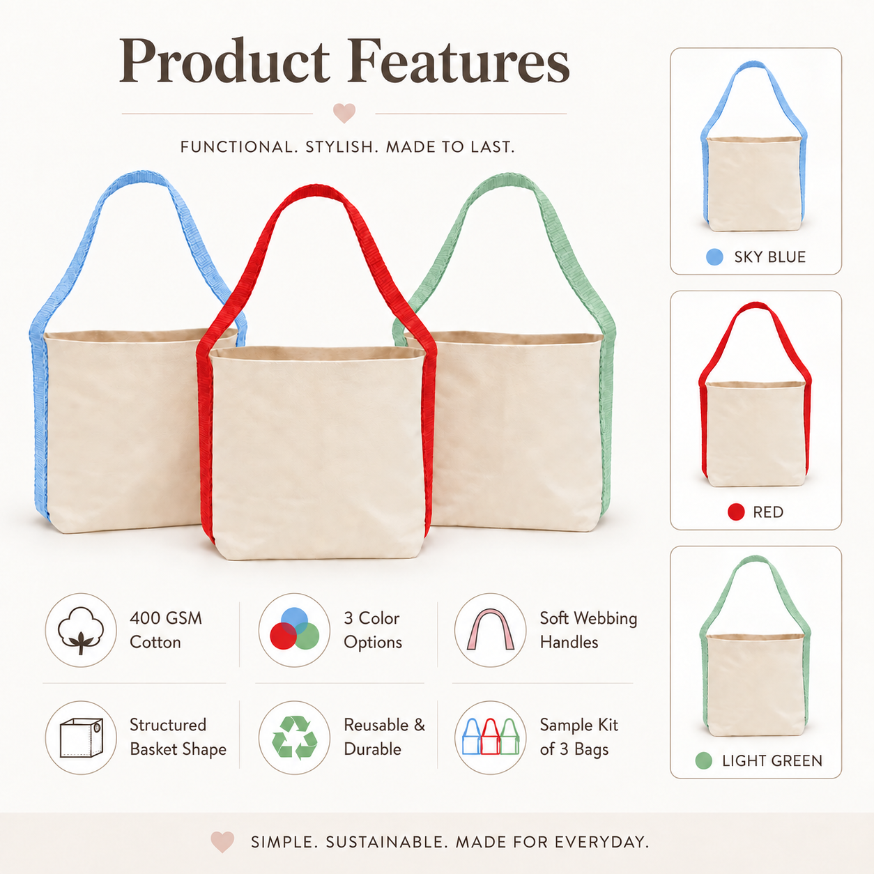 Basket Bag Sample Kit – Light Green, Red, Sky Blue | 400 GSM