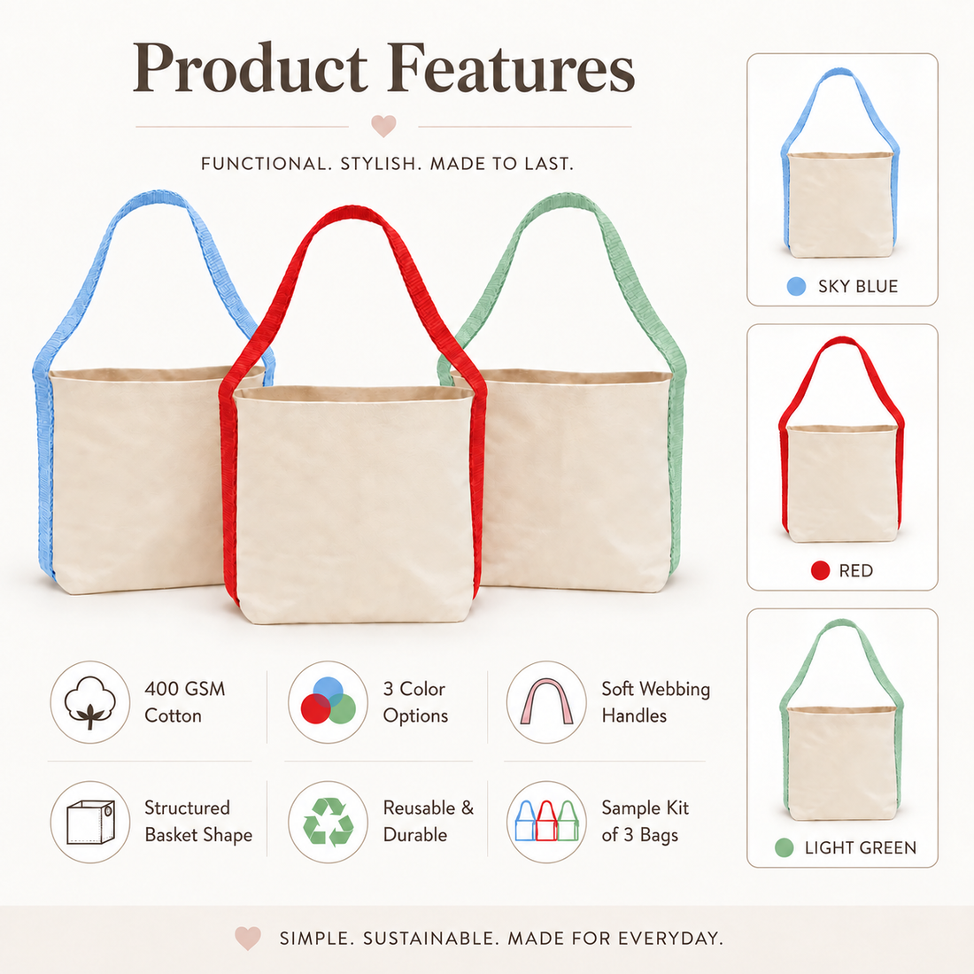 Basket Bag Sample Kit – Light Green, Red, Sky Blue | 400 GSM