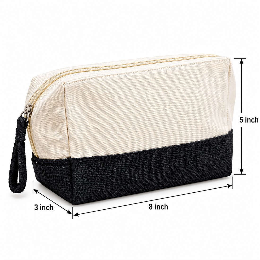 Plain 8x5x3 Black & Natural Cotton Canvas Zipper Pouch | 220 GSM