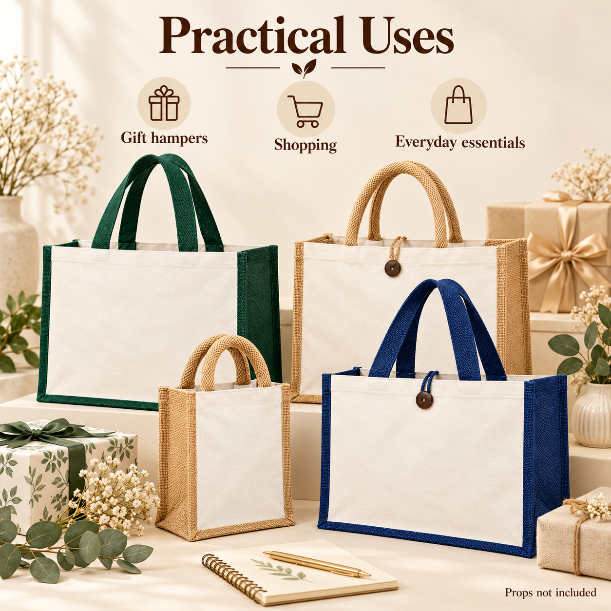 Laminated Jute Hamper Bag Sample Kit - Green Navy & Natural