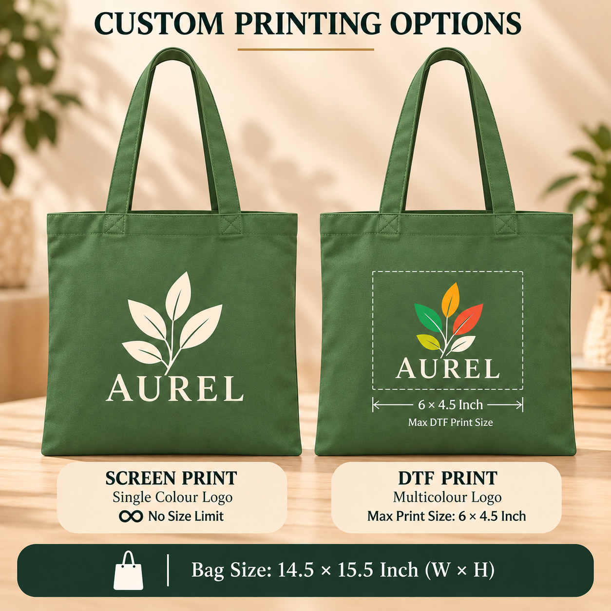 14.5x15.5 Olive Green Cotton Canvas Tote Bag | 350 GSM