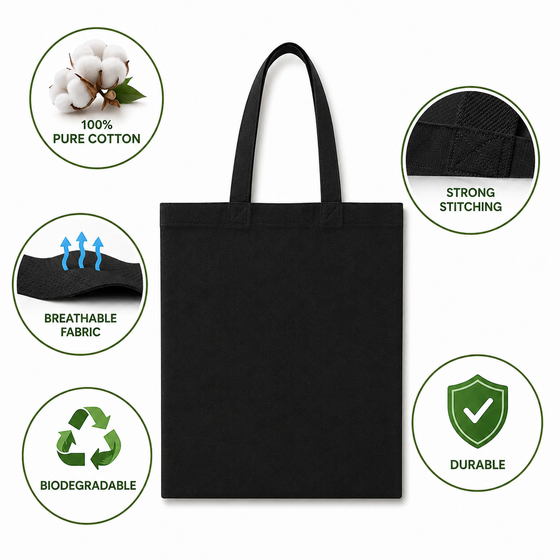 Custom 14x18 Inch Black Cotton Tote Bag | 220 GSM