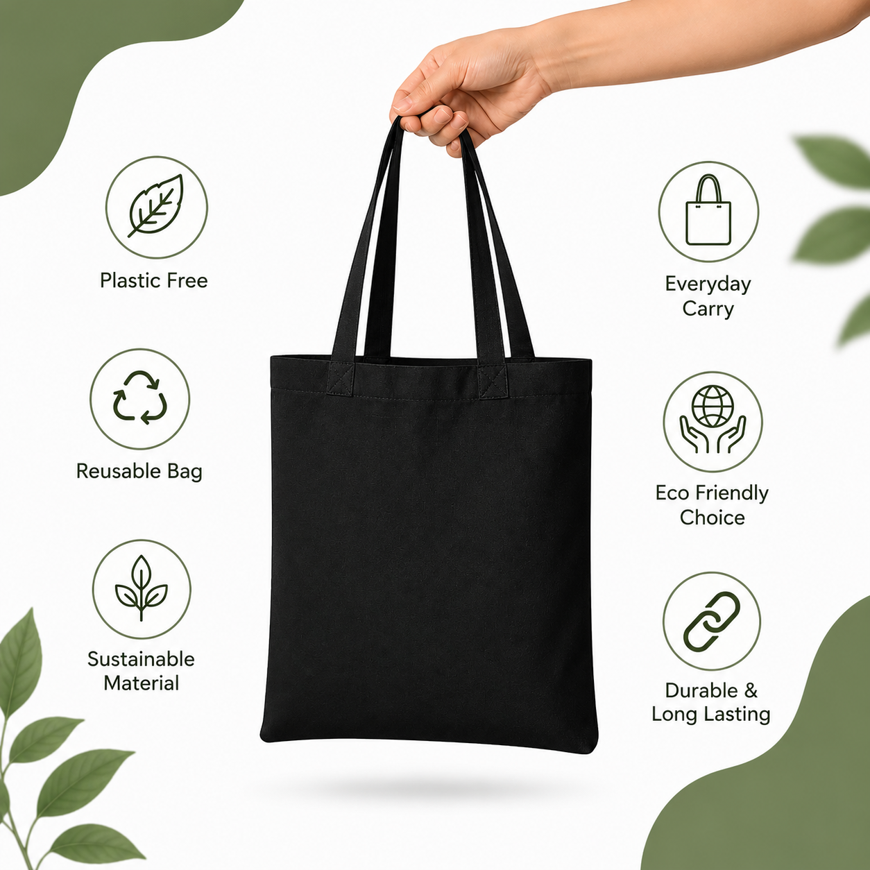 Custom 14x16 Inch Black Cotton Tote Bag | 220 GSM