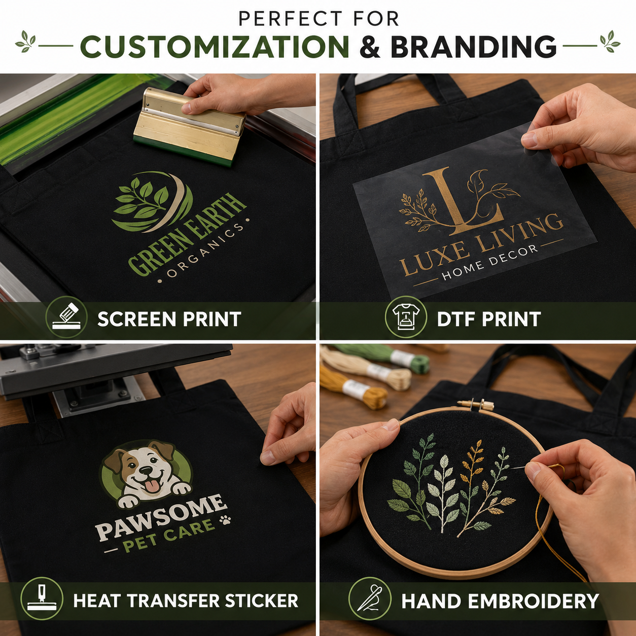 Custom 12x14 Inch Black Cotton Tote Bag | 220 GSM
