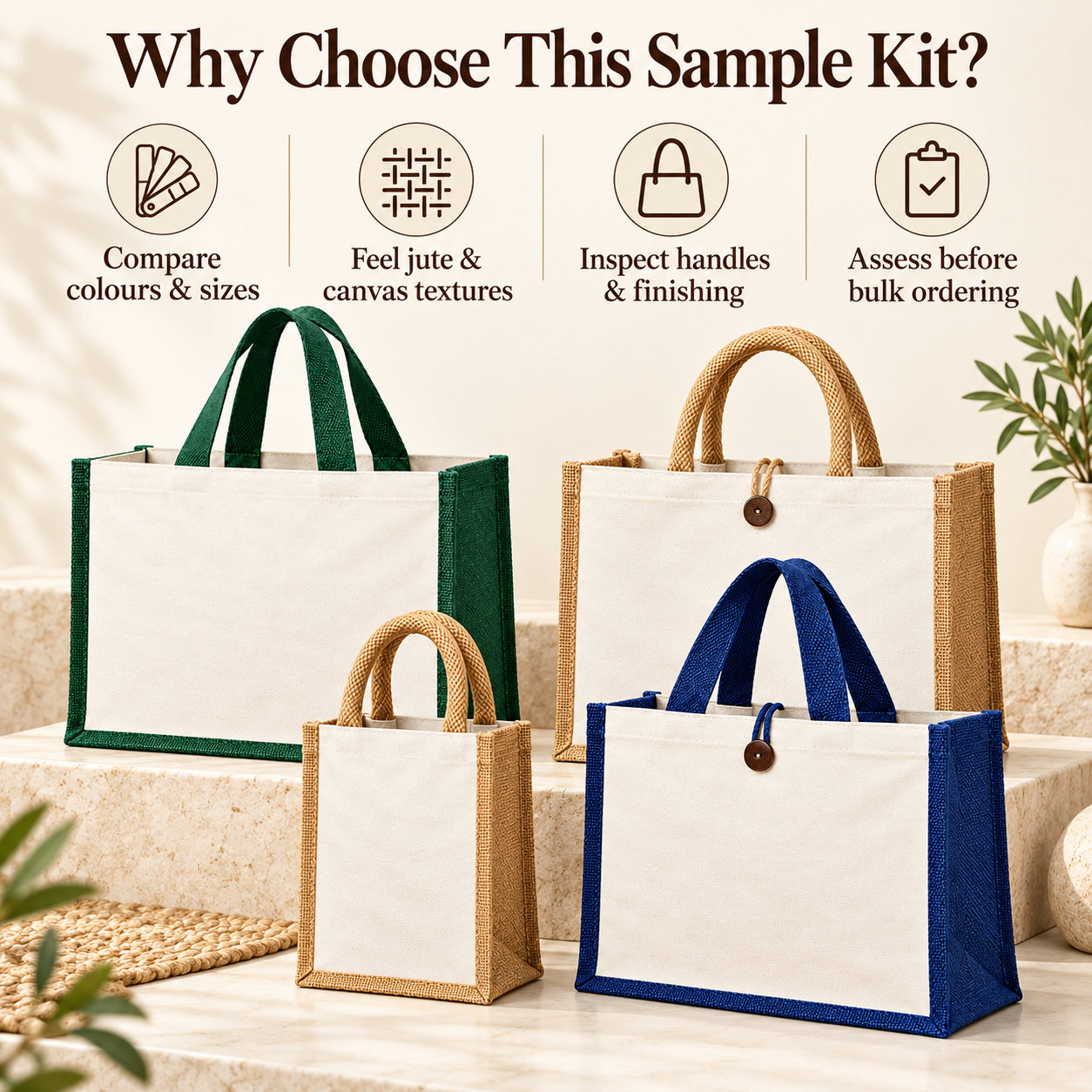 Laminated Jute Hamper Bag Sample Kit - Green Navy & Natural