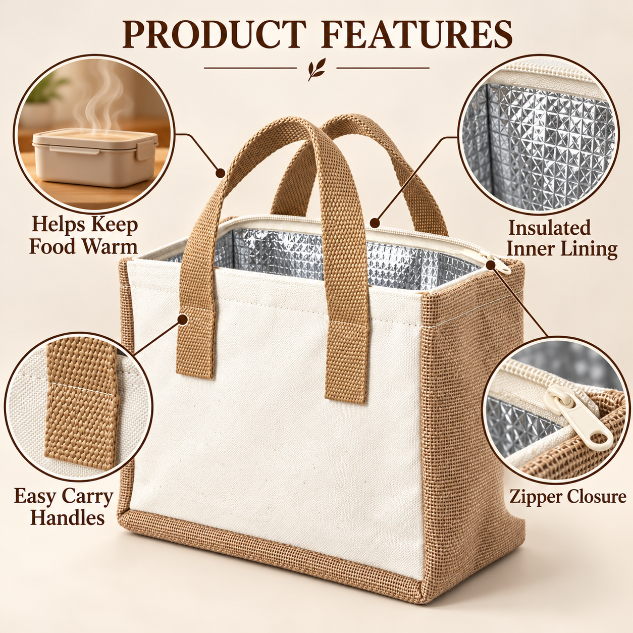 Plain 10x8.5x7 Natural Jute & Canvas Insulated Lunch Bag | 310 GSM