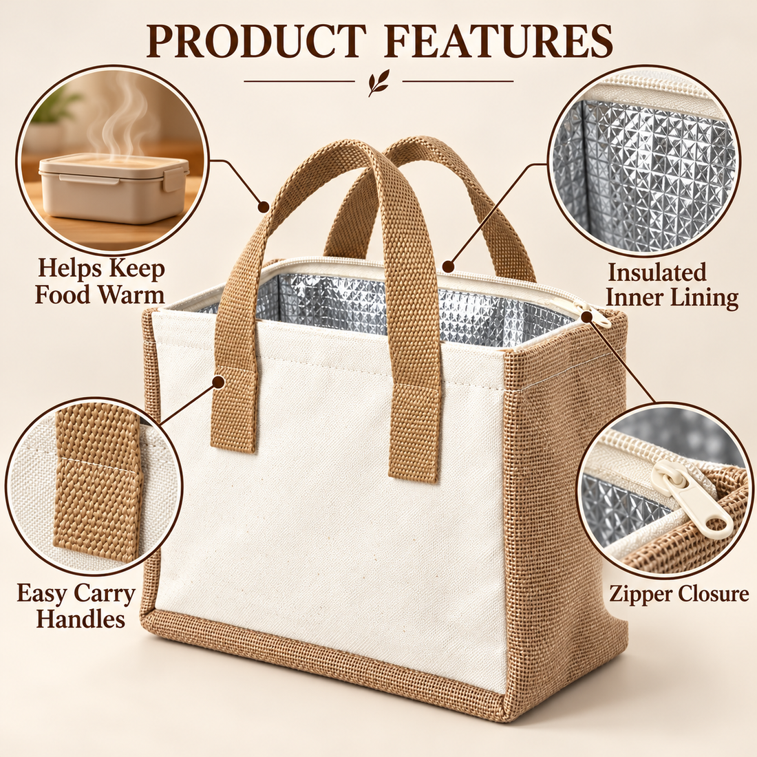 Plain 10x8.5x7 Natural Jute & Canvas Insulated Lunch Bag | 310 GSM