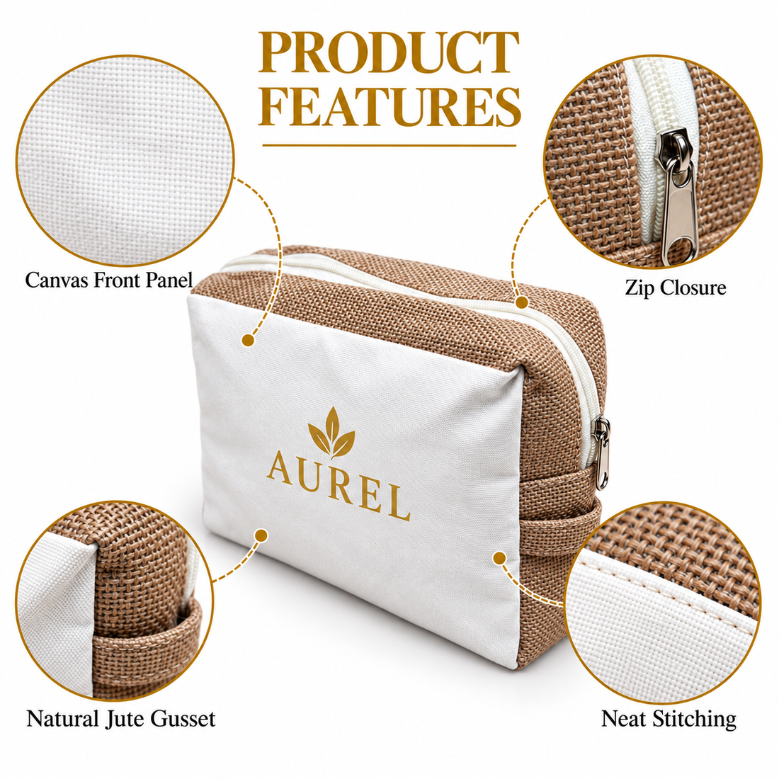 9x8x3  Natural Jute & Canvas Boxy Zipper Pouch
