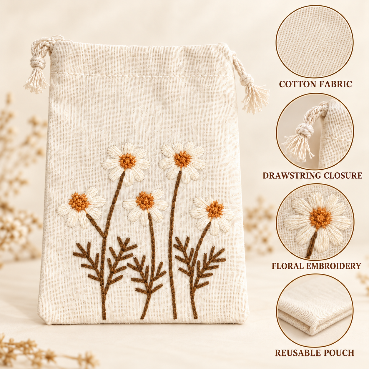 Daisy Delight Embroidered Cotton Drawstring Pouch