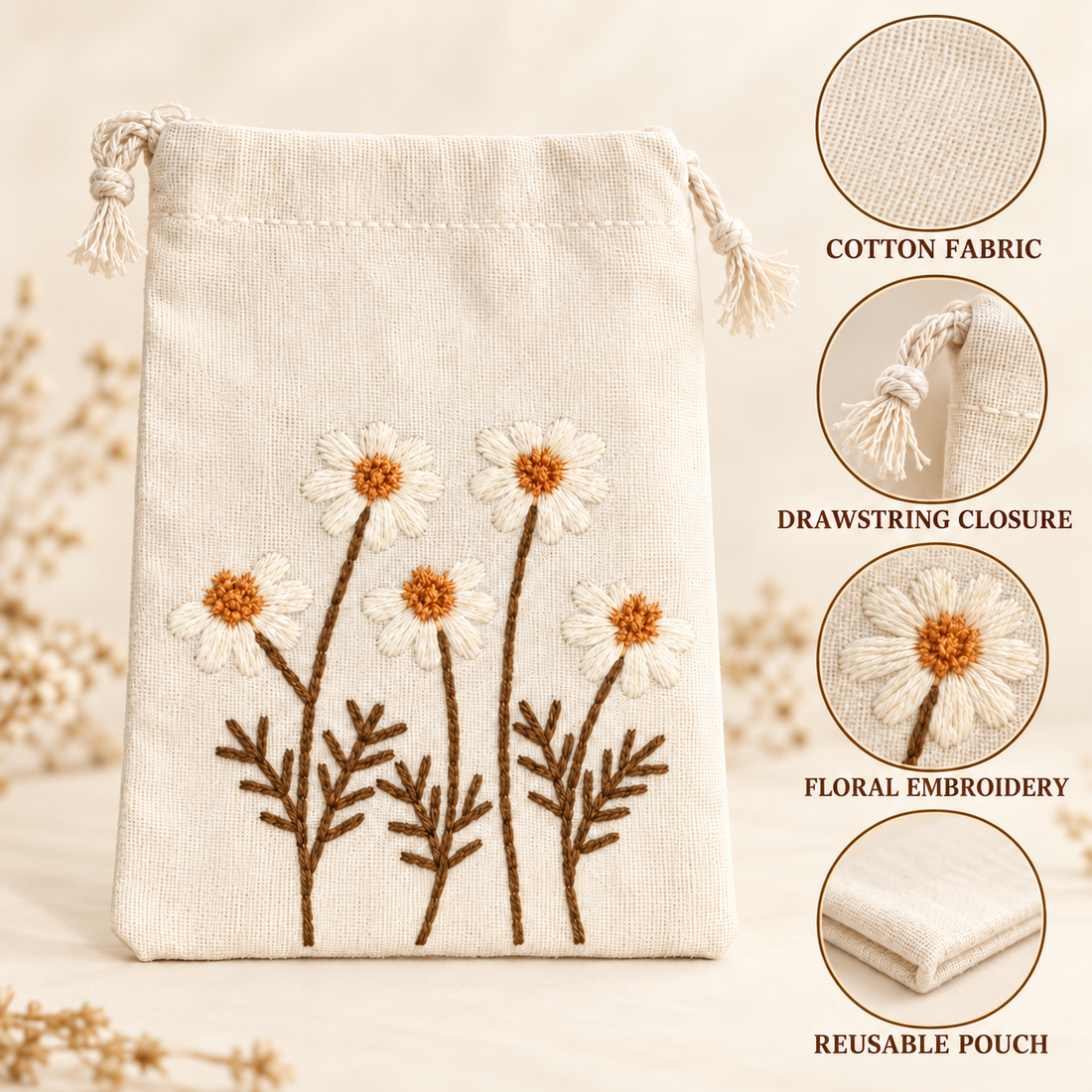 Daisy Delight Embroidered Cotton Drawstring Pouch
