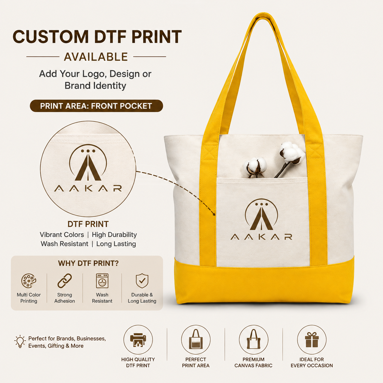 Yellow and Beige Large Canvas Tote Bag | 19" x 15" x 6"