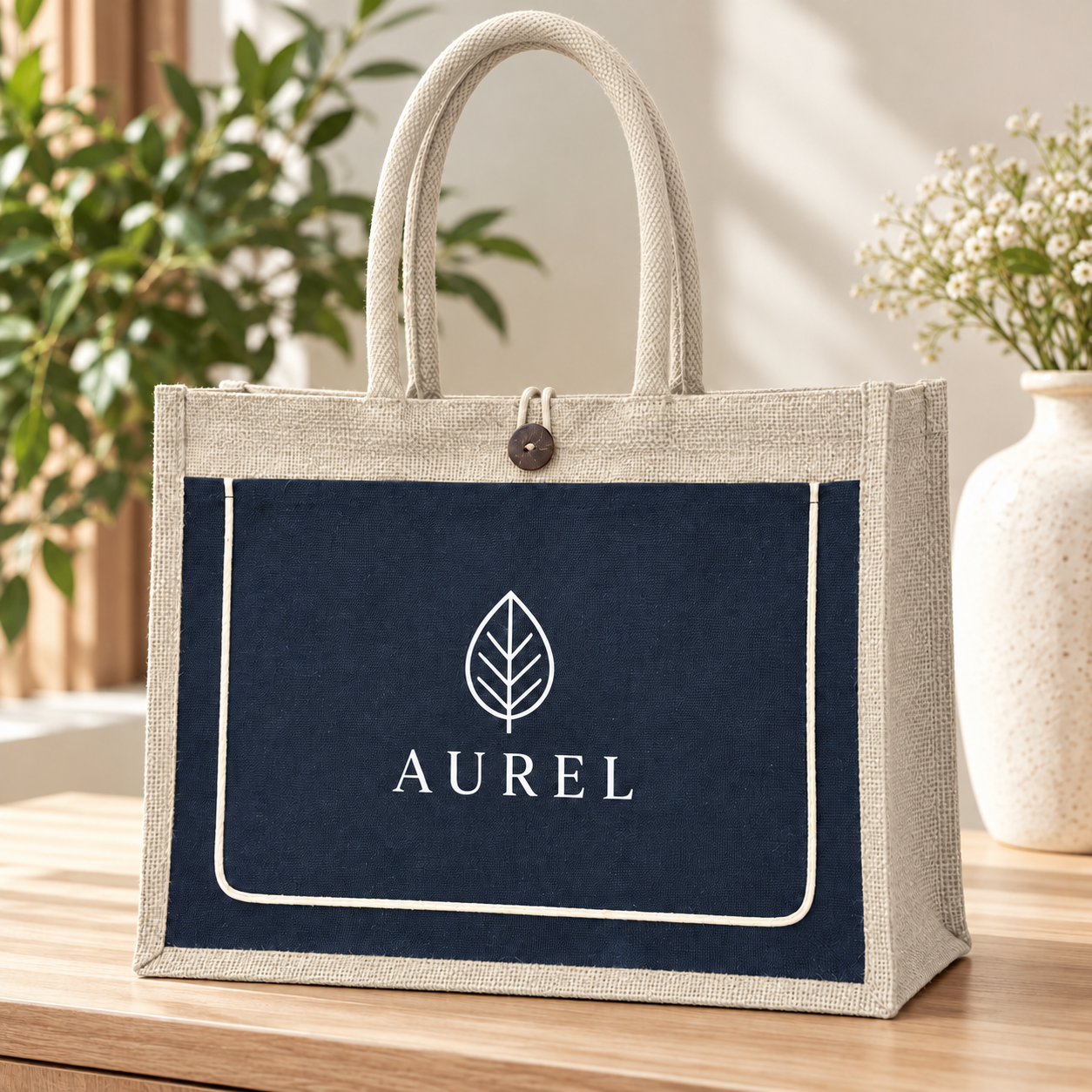 17x13x6 Black & Natural Jute Tote Bag with Piped Canvas Front Pocket