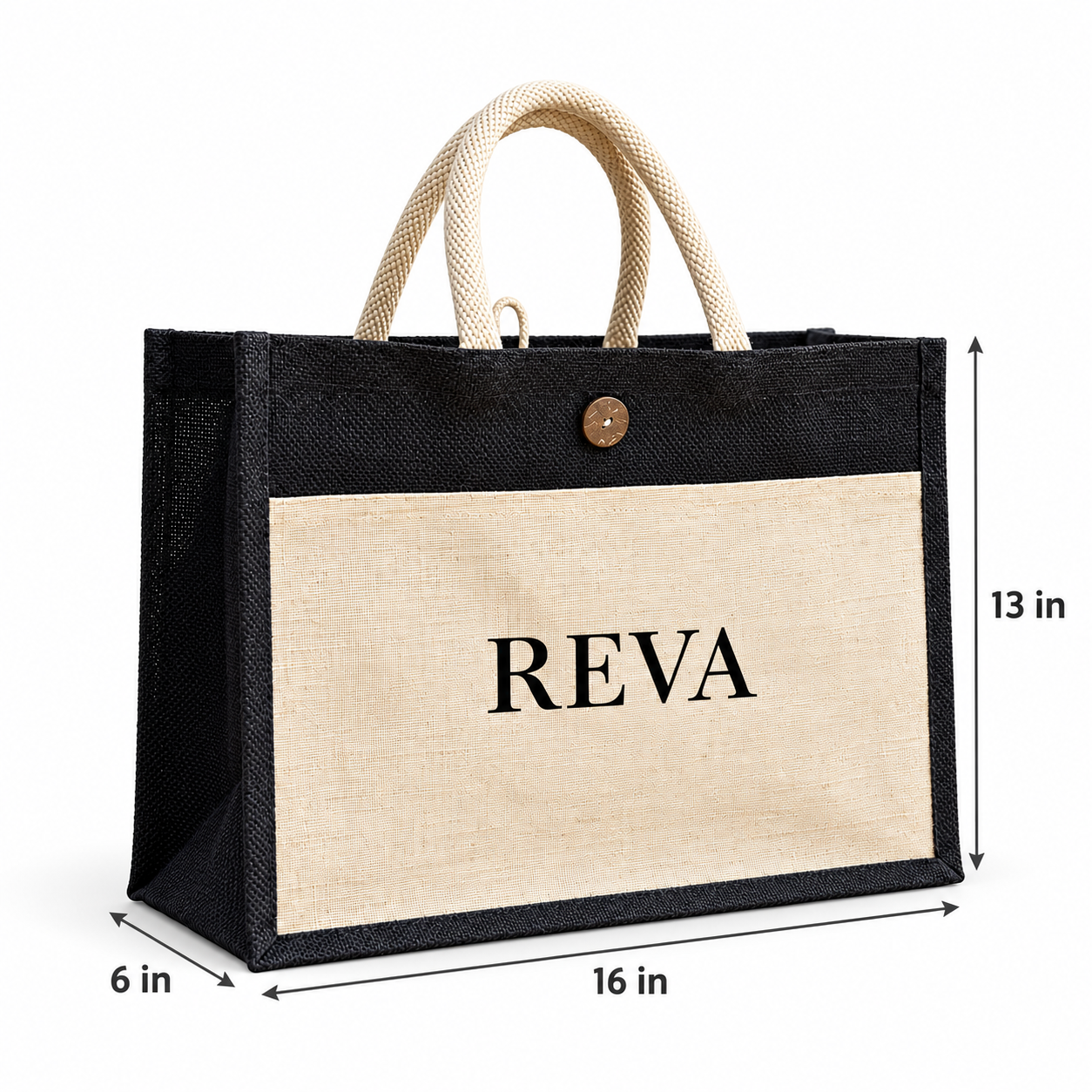 16x13x6 Black & Natural Jute Hamper Bag with Canvas Front Pocket