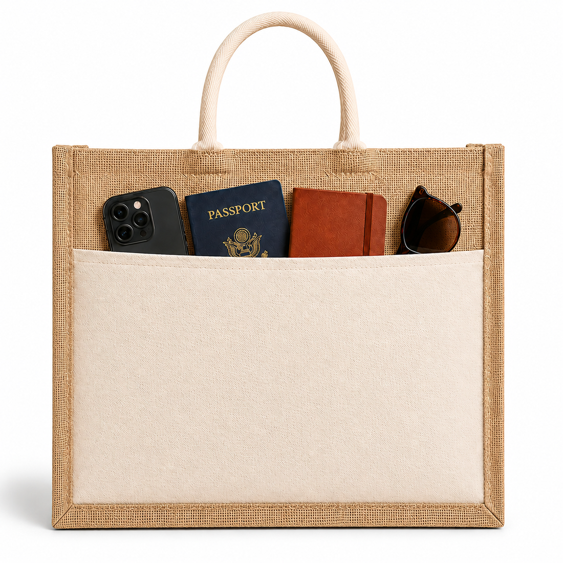 12x12x7.5 Jute Tote Bags with Canvas Front Pocket |350 GSM