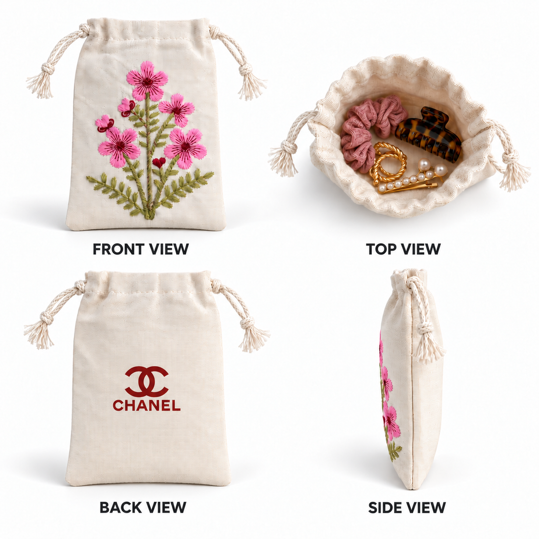 Pink Blossom Embroidered Cotton Drawstring Pouch