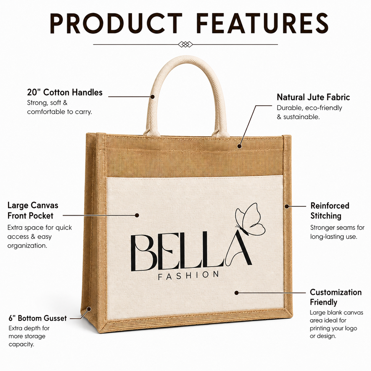 Custom 9×11×4 Jute Tote Bags with Canvas Front Pocket | 350 GSM