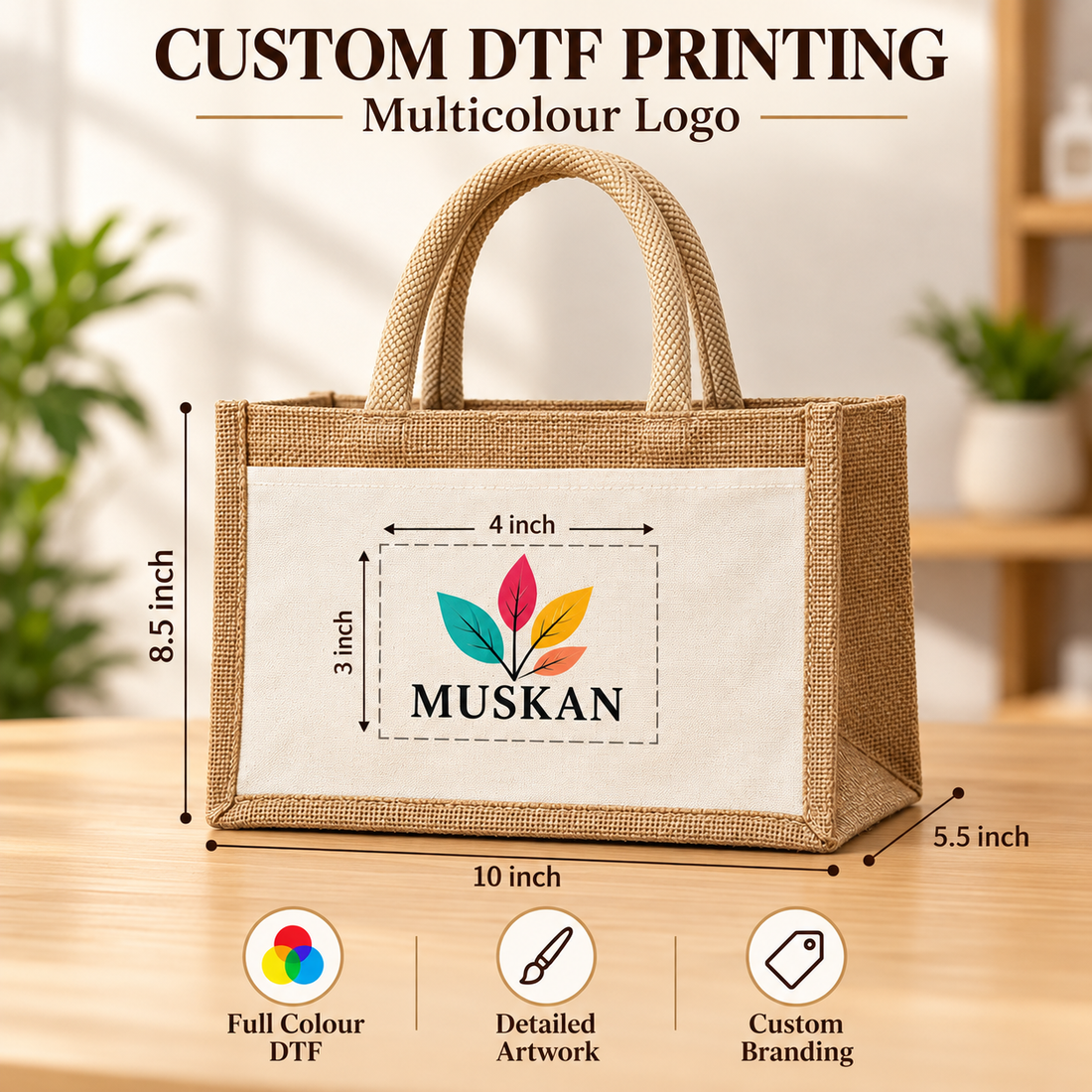 10x8.5x5.5 Natural Small Jute & Canvas Hamper Bag with Canvas Front Pocket