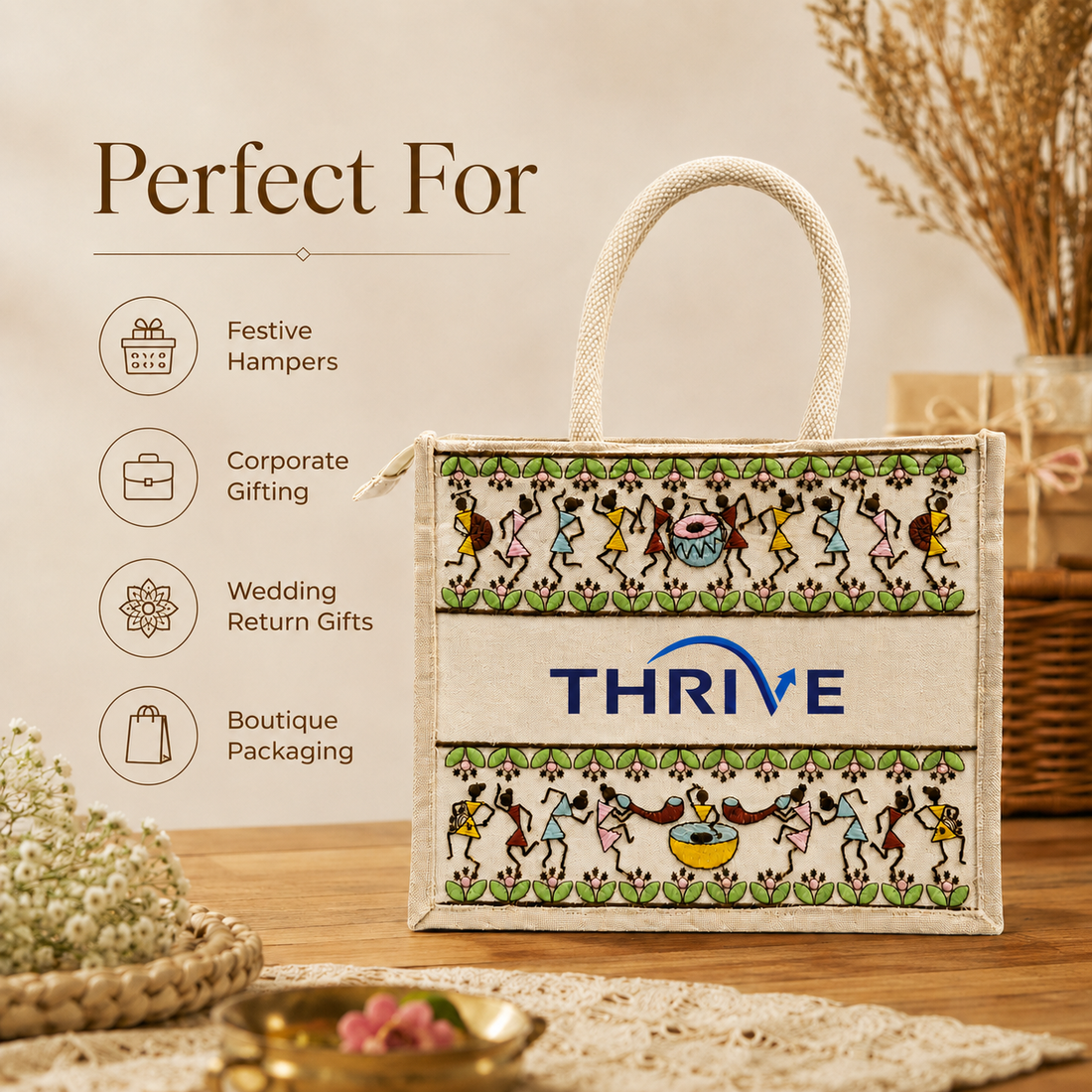 Tribal Beats Warli Hamper Bag - Beige