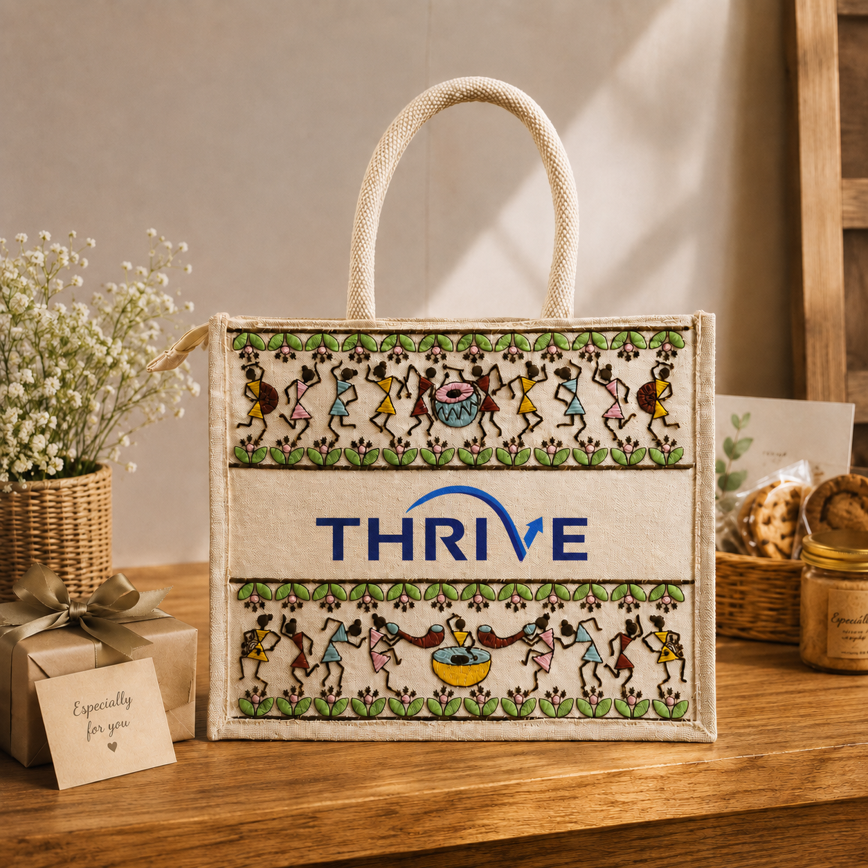 Tribal Beats Warli Hamper Bag - Beige