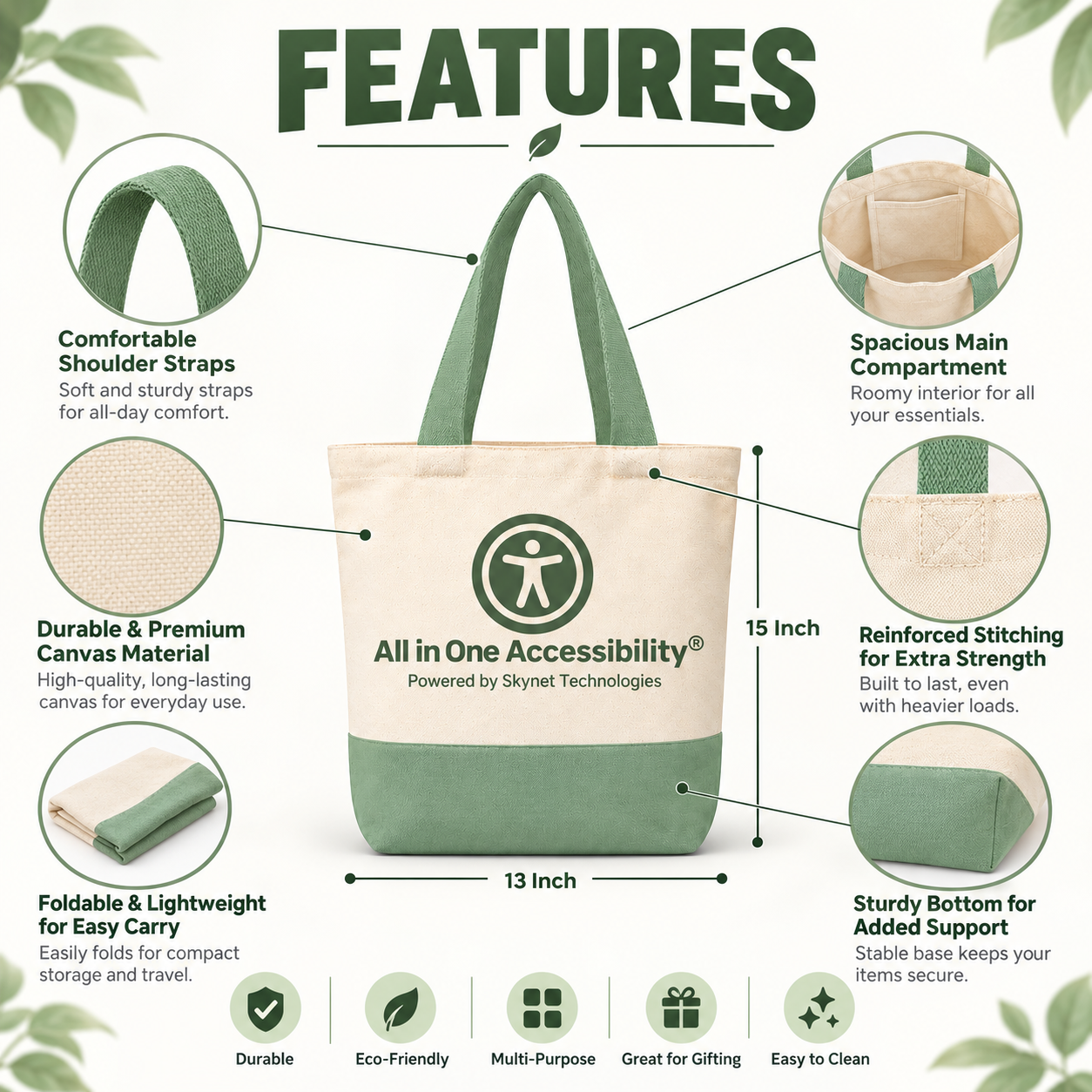 13"x15" Light Green & Beige Tote Bag | 330 GS