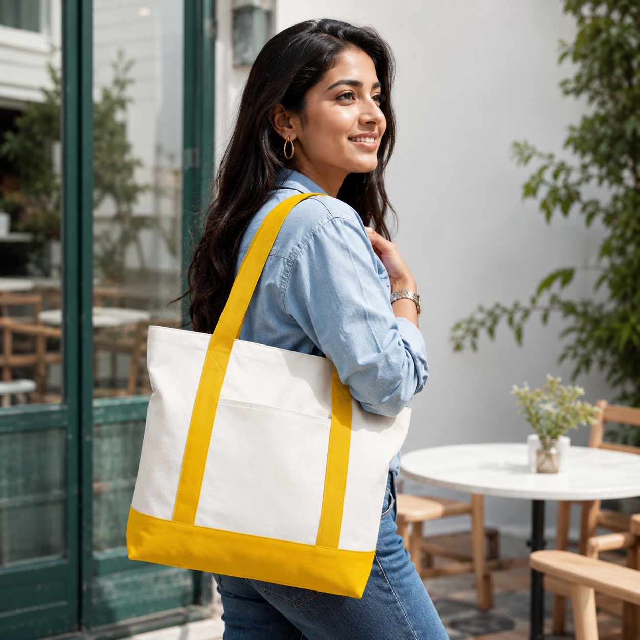 Plain Yellow and Beige Large Canvas Tote Bag | 19" x 15" x 6"