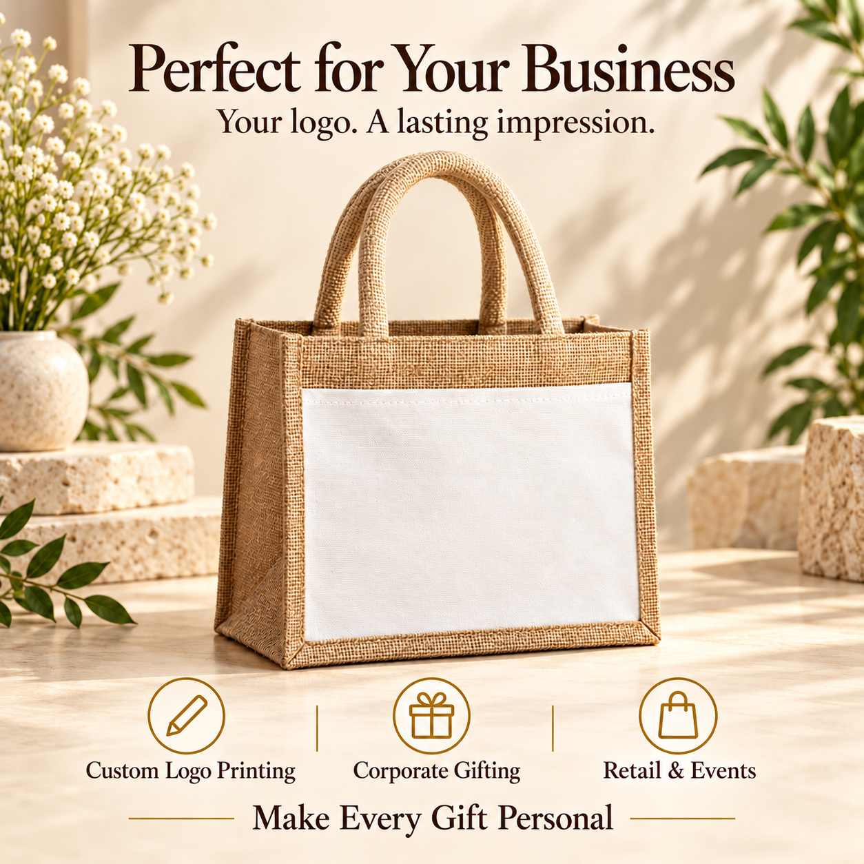 Plain 10x8.5x5.5 Natural Small Jute & Canvas Hamper Bag with Canvas Front Pocket