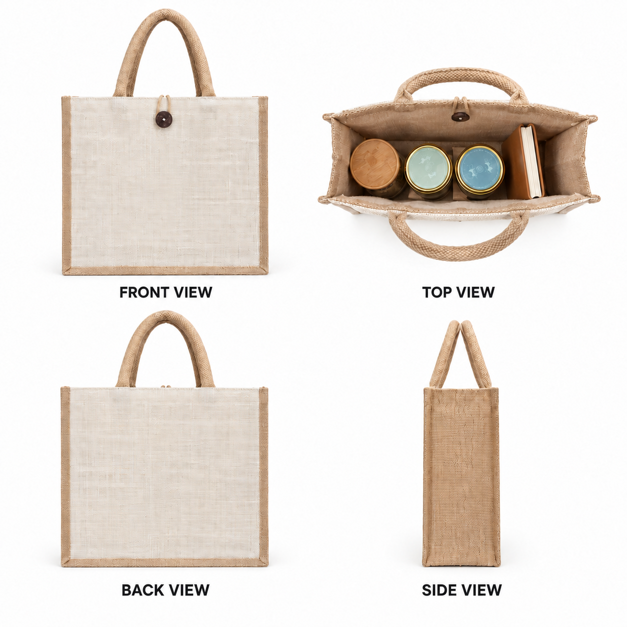 Plain 12x12x6 Natural Laminated Jute Gift Bag with Button Closure