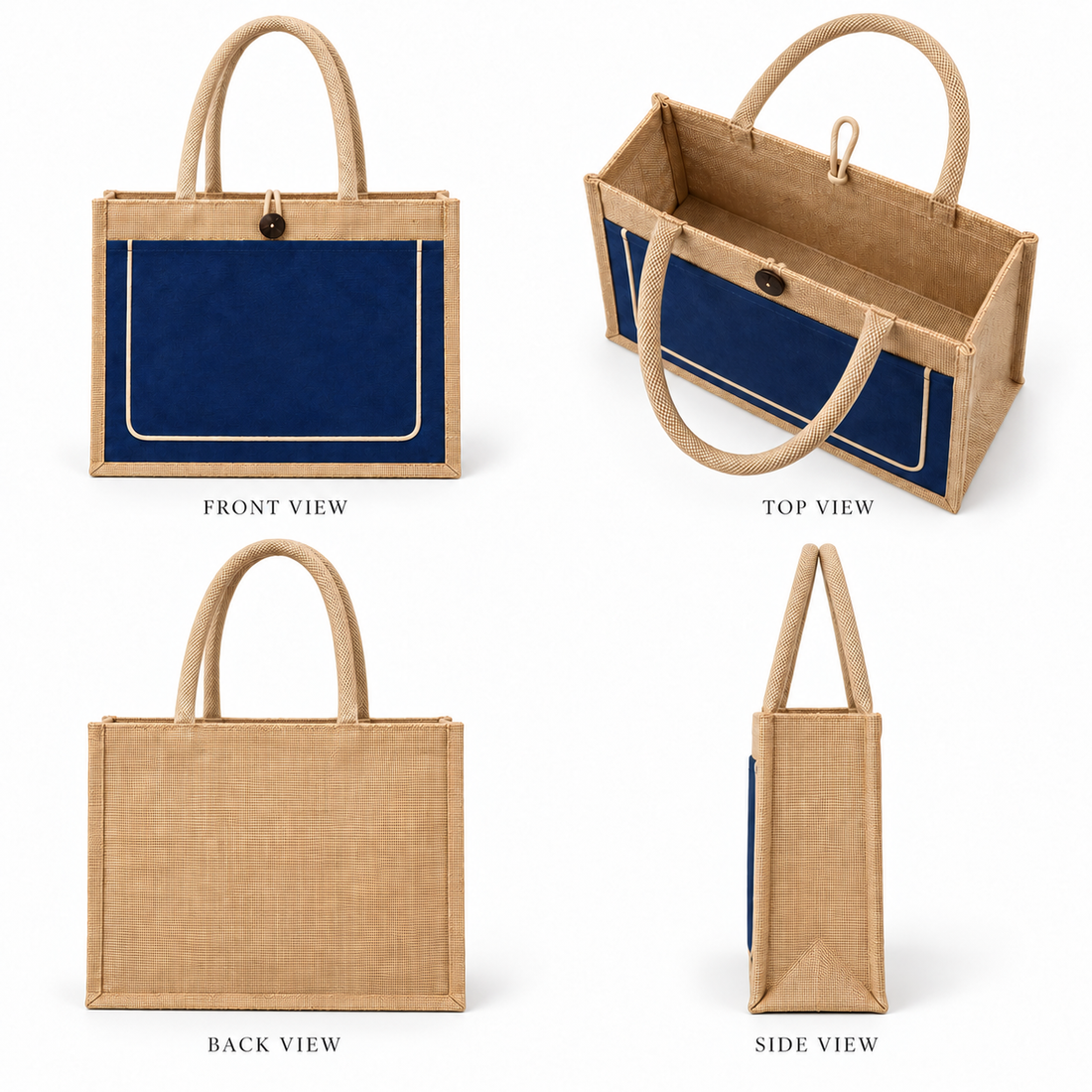 Plain 17x13x6 Royal Blue & Natural Jute Tote Bag with Piped Canvas Front Pocket