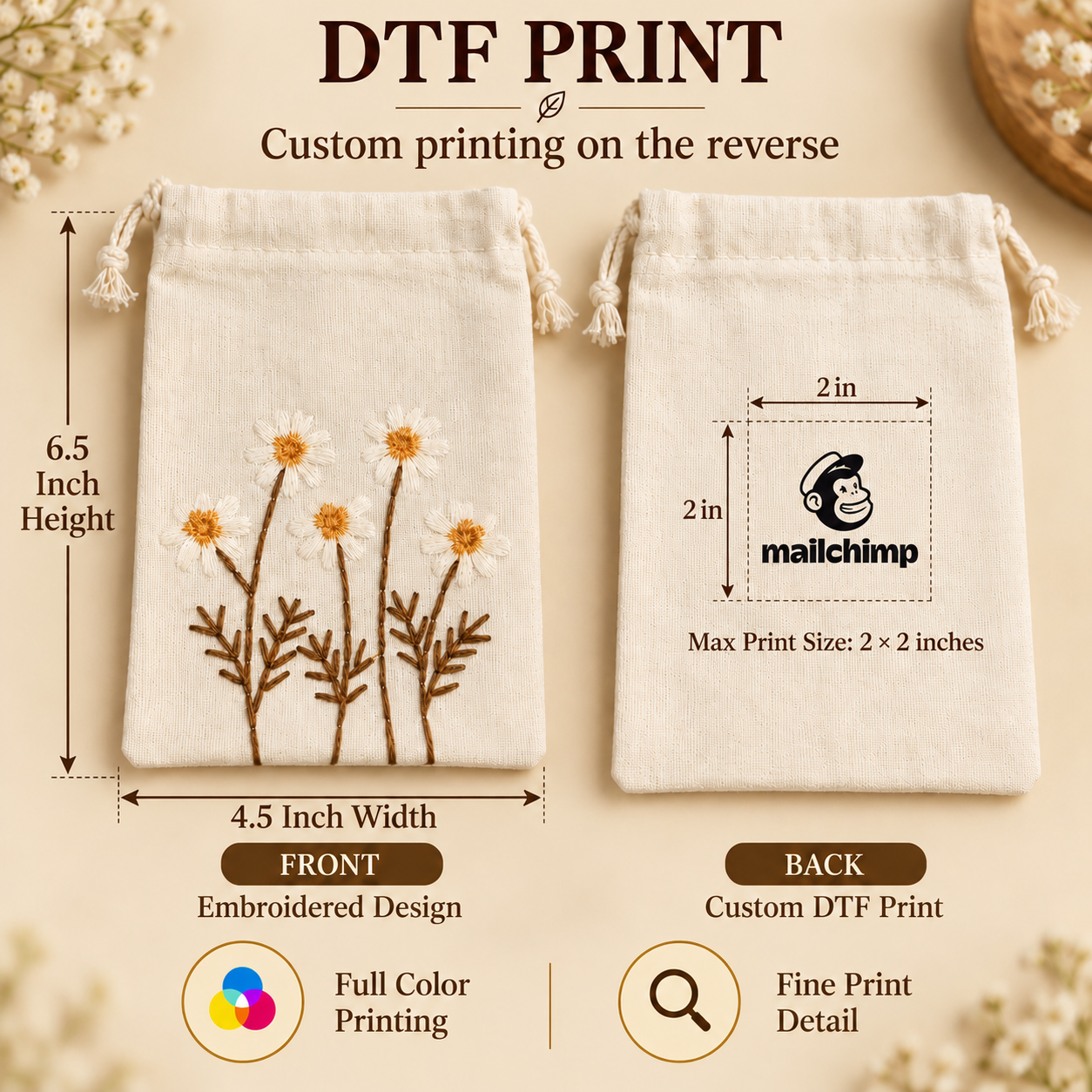 Daisy Delight Embroidered Cotton Drawstring Pouch