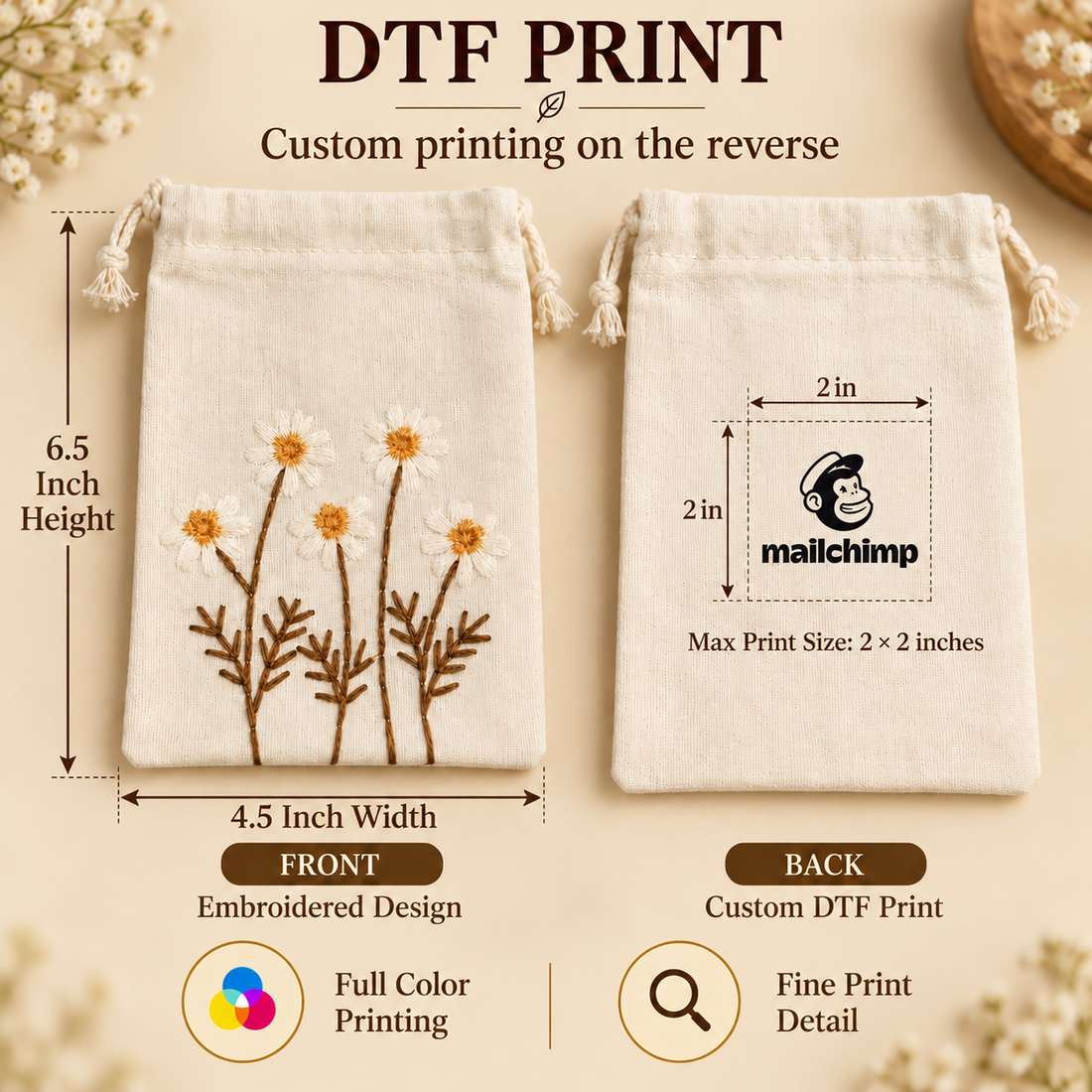 Daisy Delight Embroidered Cotton Drawstring Pouch