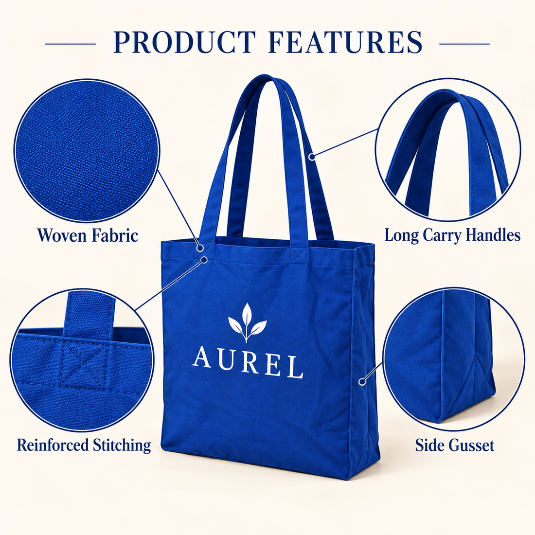 13x15.5x4.5 Navy Blue Gusseted Cotton Tote Bag | 150 GSM