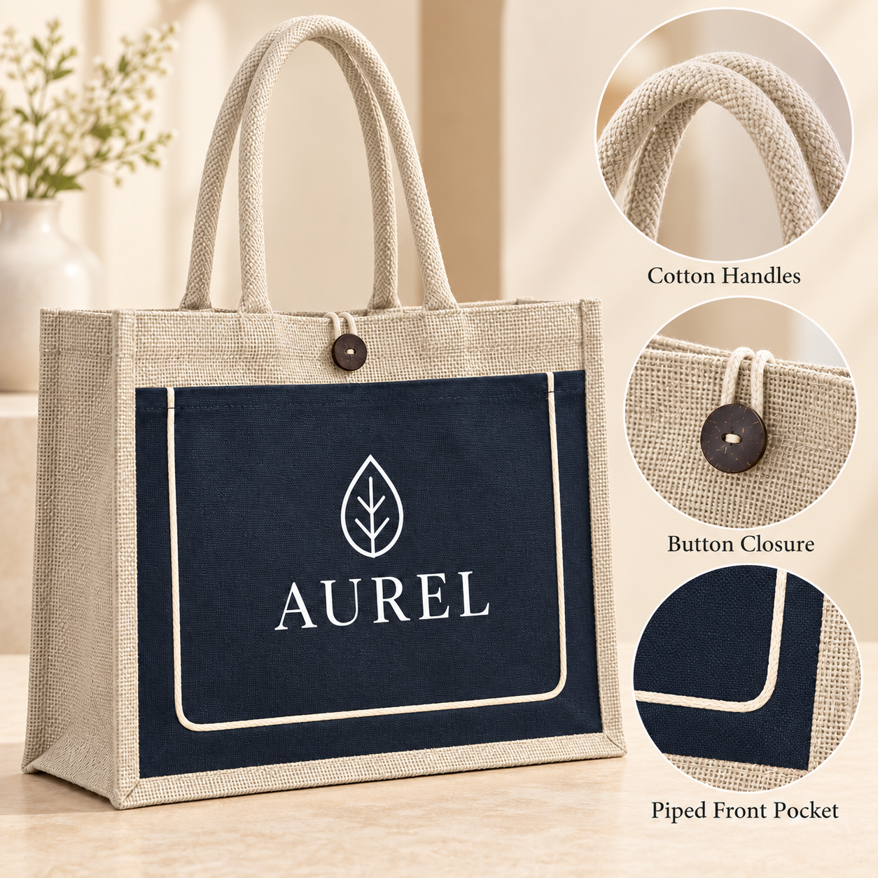 17x13x6 Black & Natural Jute Tote Bag with Piped Canvas Front Pocket