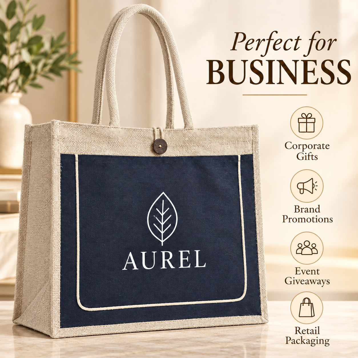 17x13x6 Black & Natural Jute Tote Bag with Piped Canvas Front Pocket