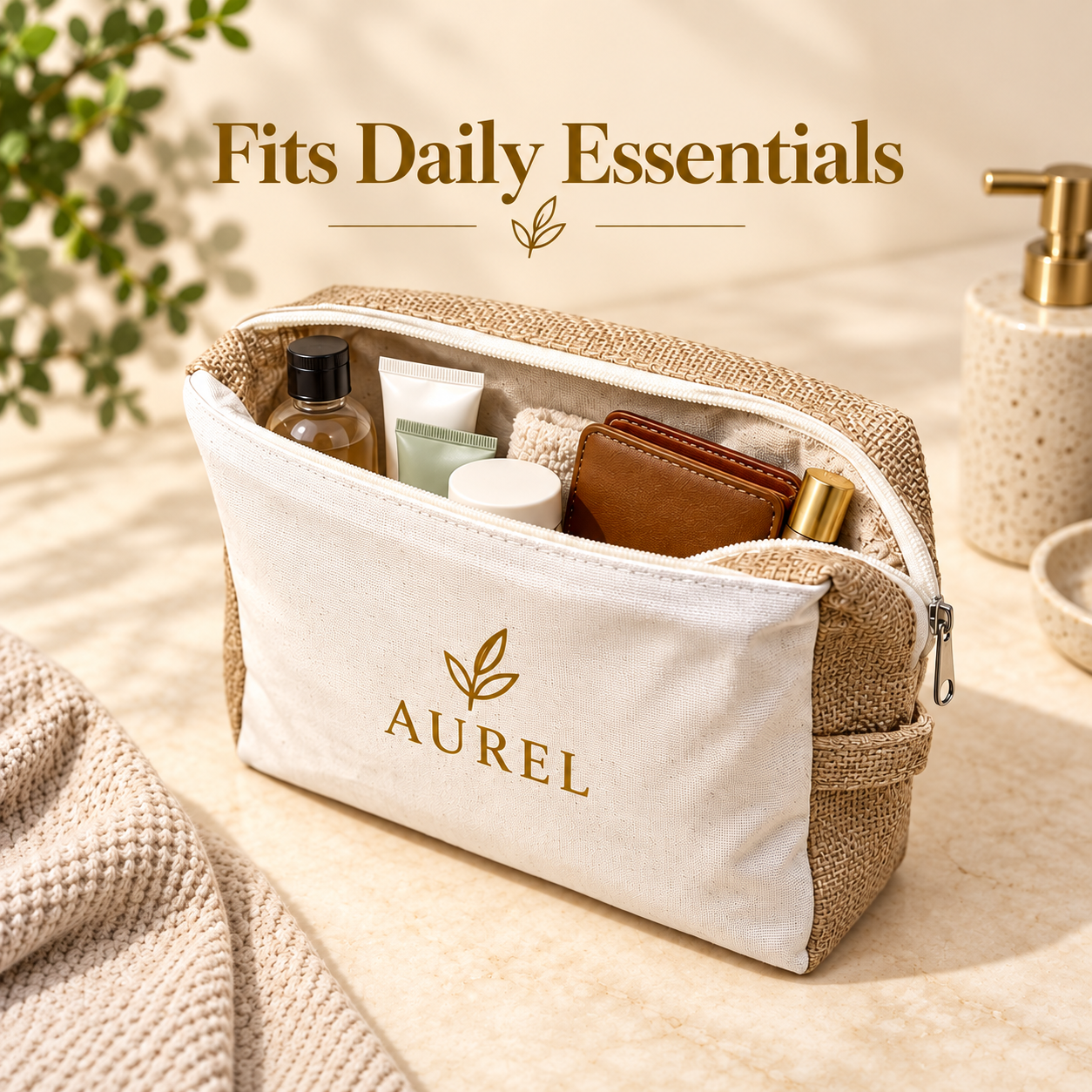 9x8x3  Natural Jute & Canvas Boxy Zipper Pouch