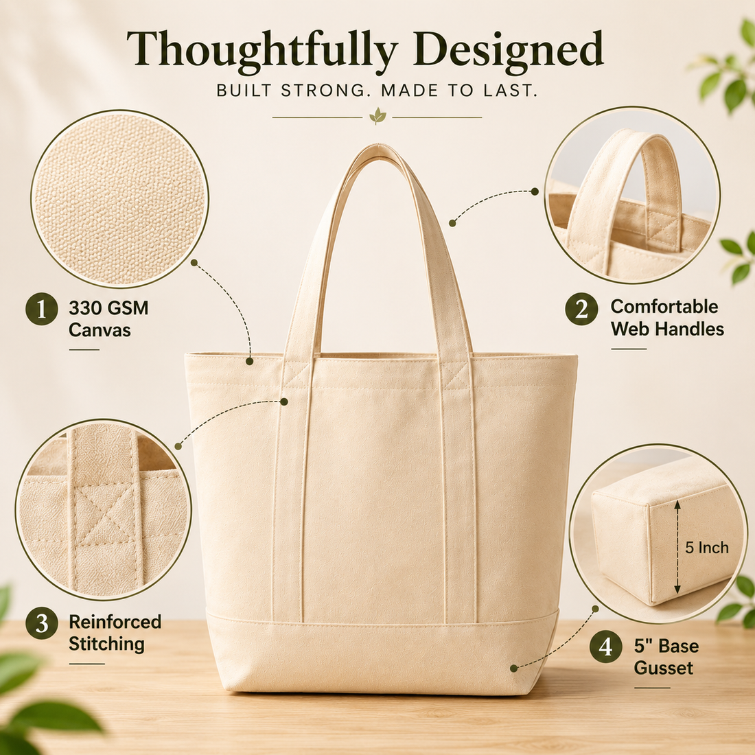 15x12x5 Cotton Canvas Tote Bag | 400 GSM
