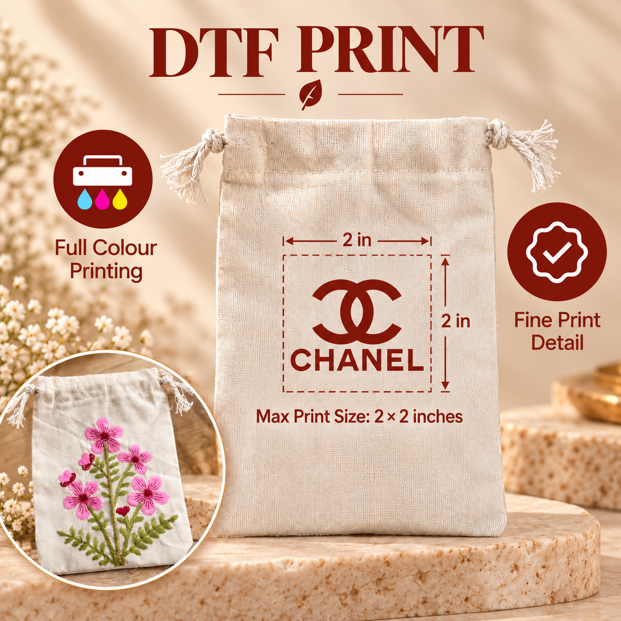 Pink Blossom Embroidered Cotton Drawstring Pouch