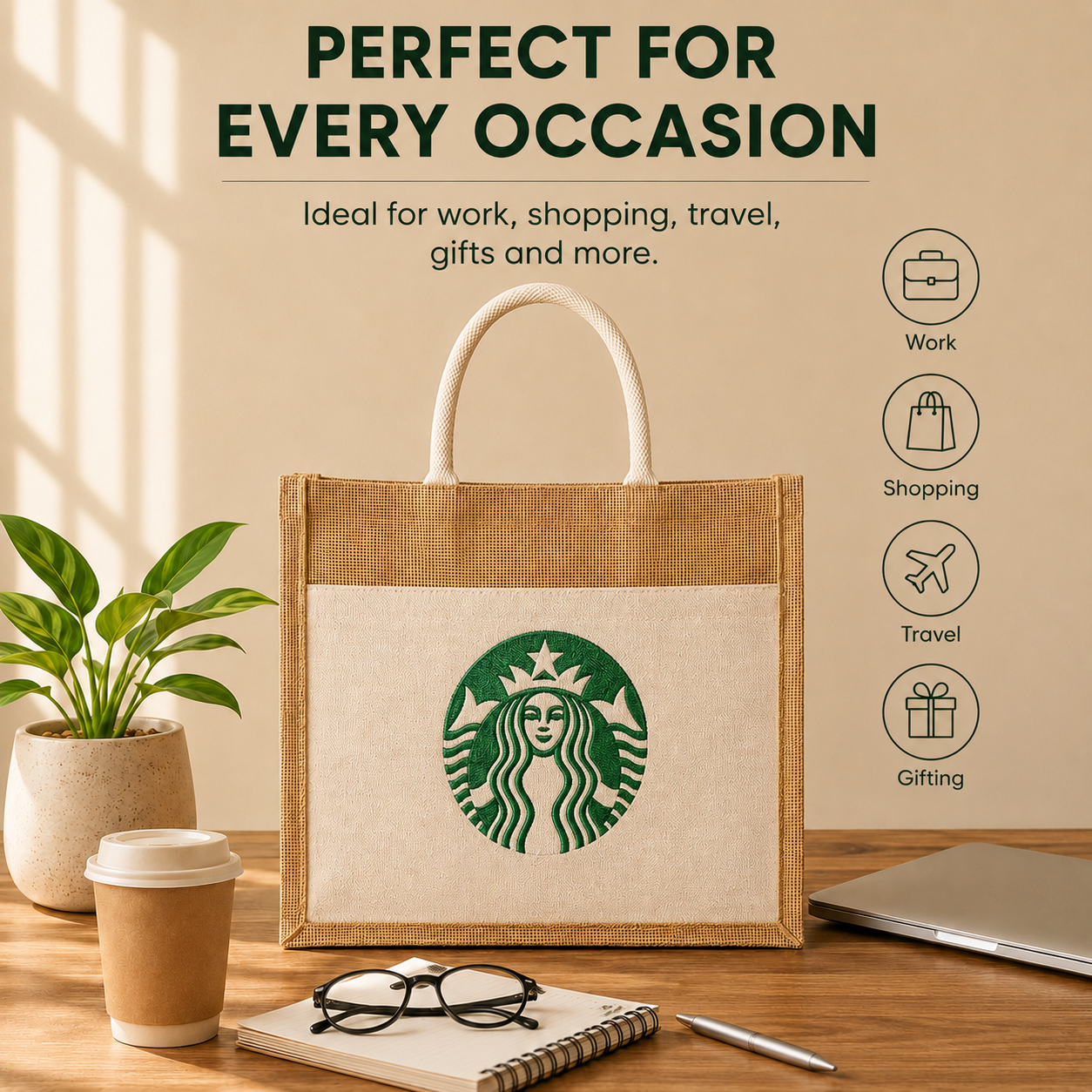 Custom 12×12×7.5 Jute Tote Bags with Canvas Front Pocket | 350 GSM