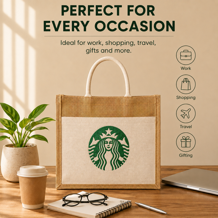 Custom 12×12×7.5 Jute Tote Bags with Canvas Front Pocket | 350 GSM