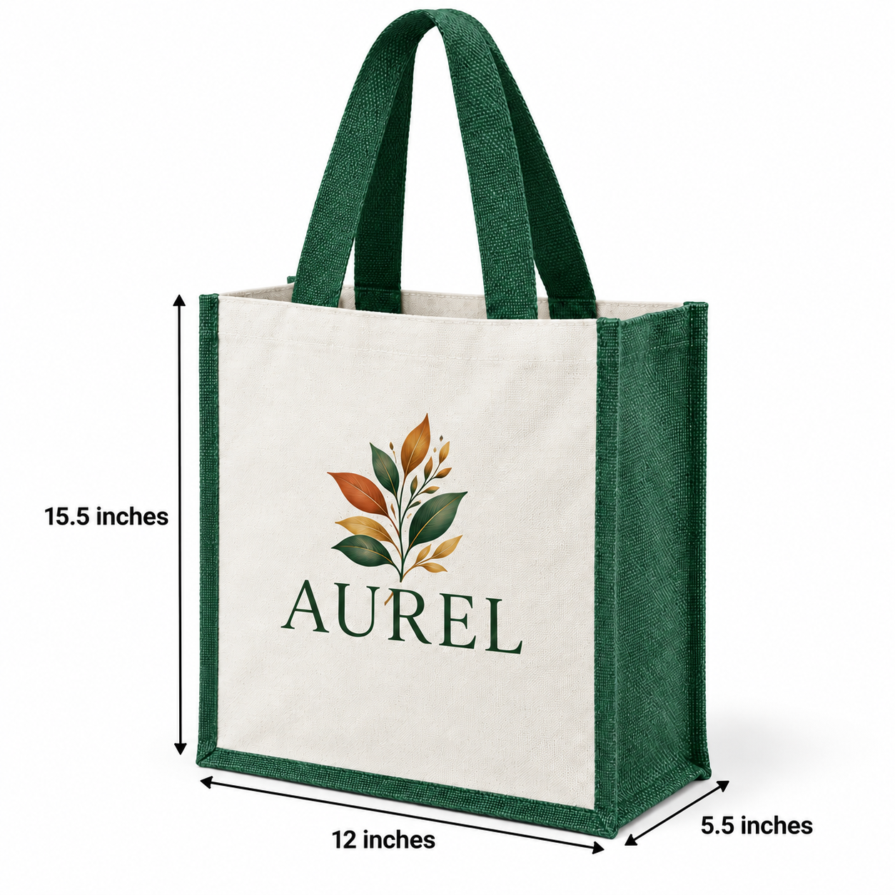 12x15.5x5.5 Green Laminated Jute & Canvas Tote Bag