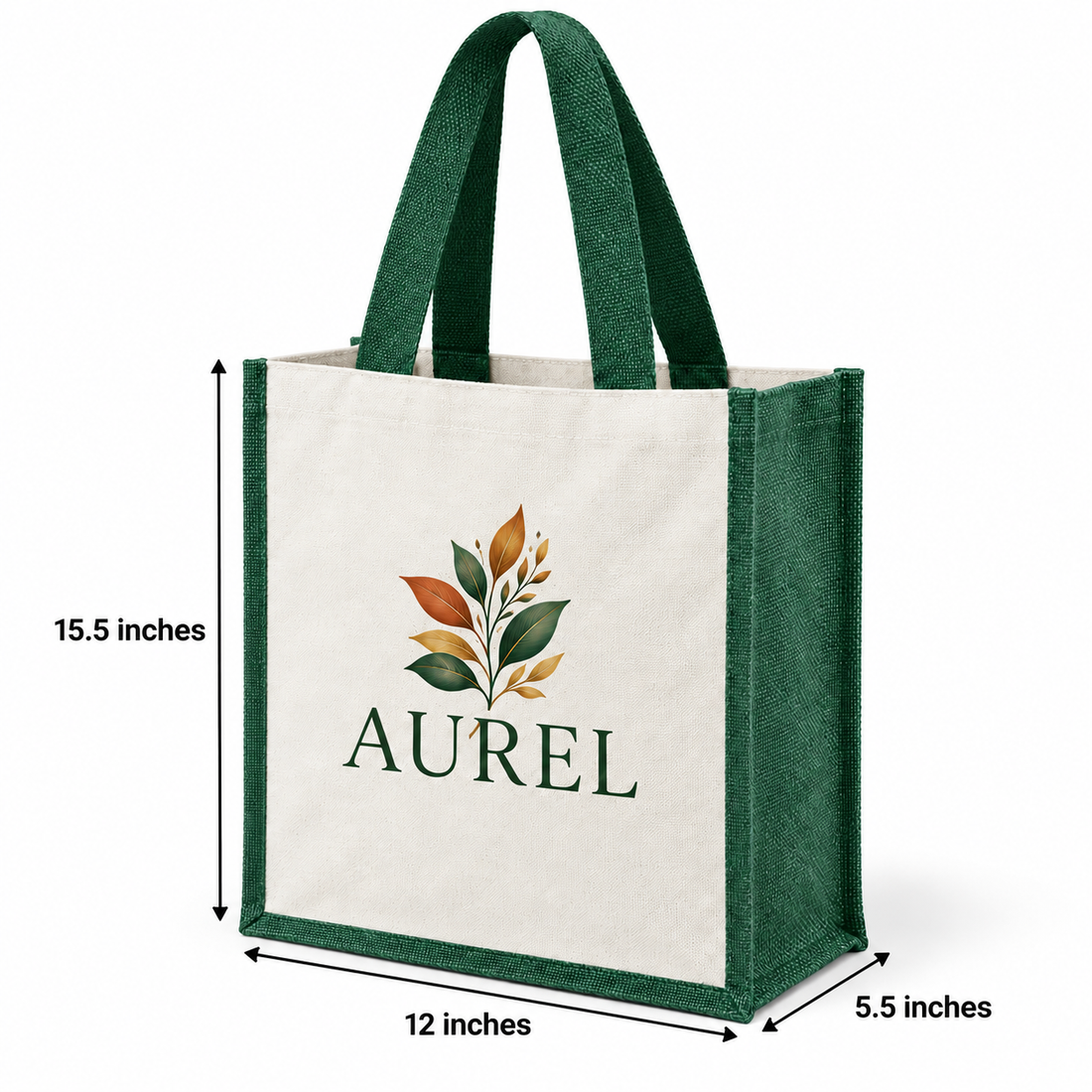 12x15.5x5.5 Green Laminated Jute & Canvas Tote Bag