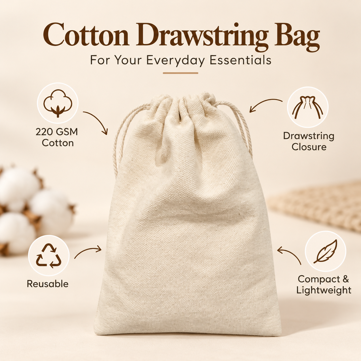 Plain 5x7 Inch Cotton Drawstring Bag | 220 GSM