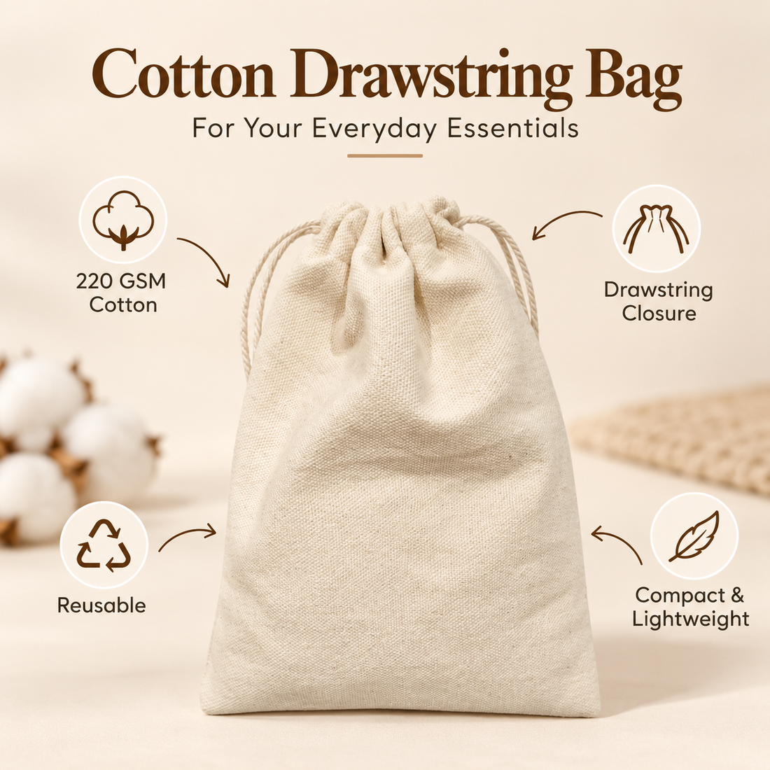 Plain 5x7 Inch Cotton Drawstring Bag | 220 GSM