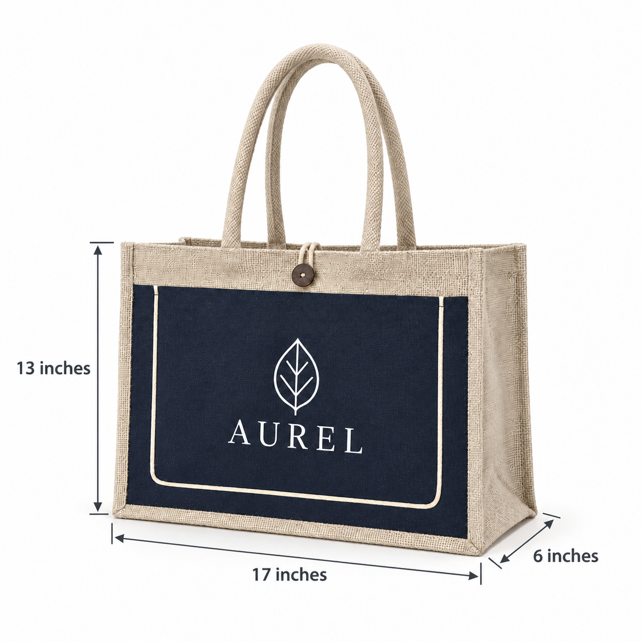 17x13x6 Black & Natural Jute Tote Bag with Piped Canvas Front Pocket