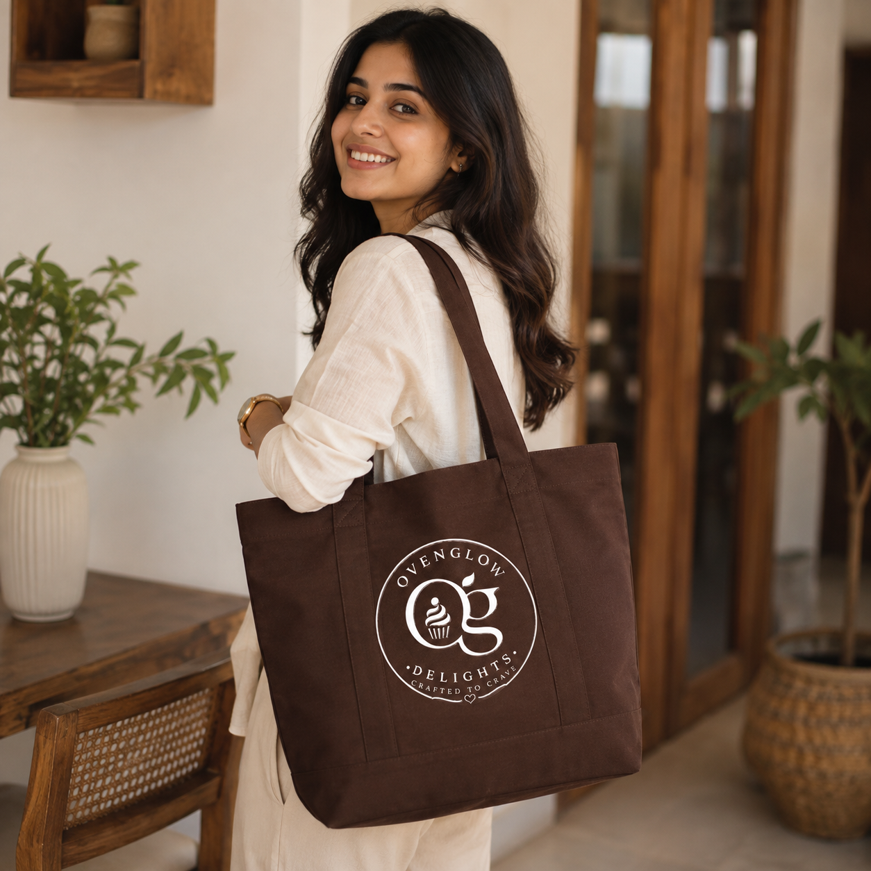 Brown Large Canvas Tote Bag | 19" x 15" x 6"