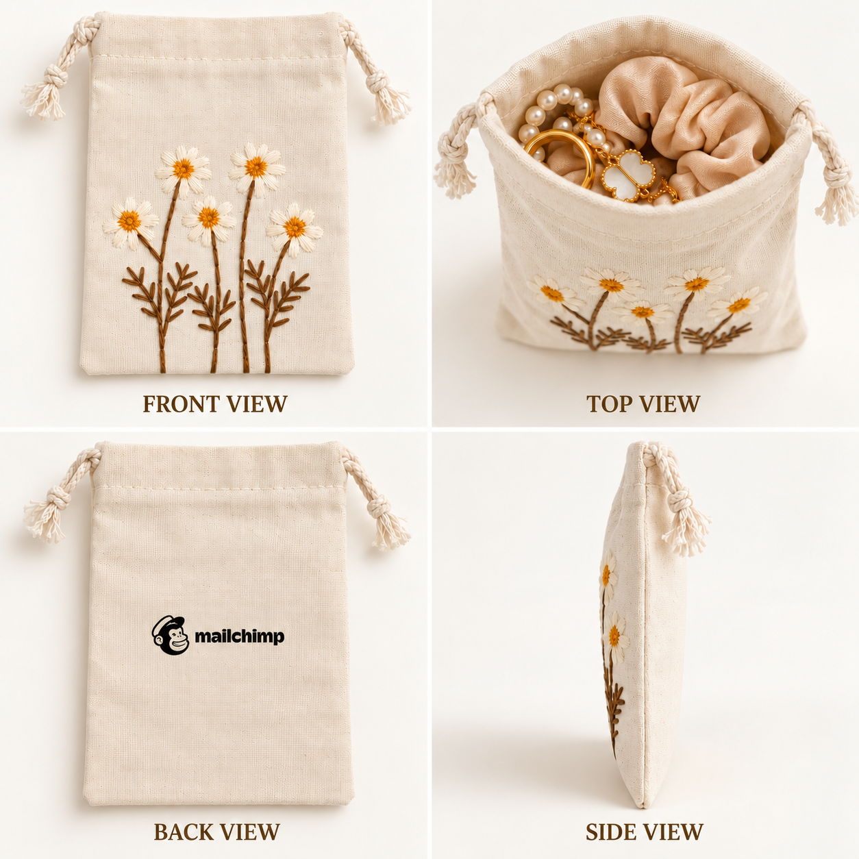 Daisy Delight Embroidered Cotton Drawstring Pouch